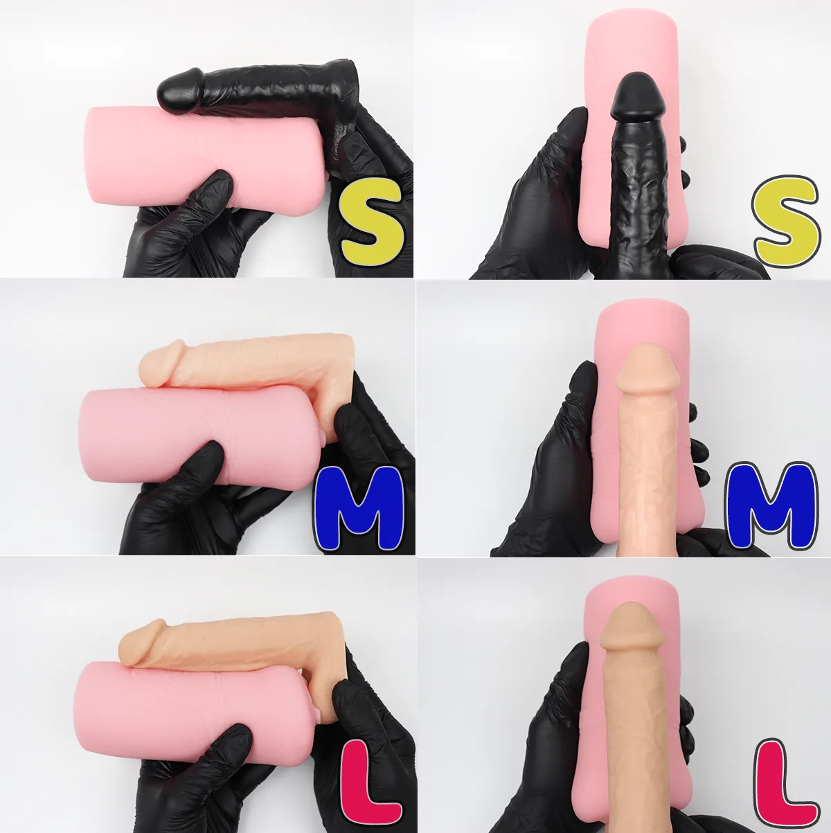 ももわれにS、M、Lサイズのディルドをあてがい長さを比較している様子